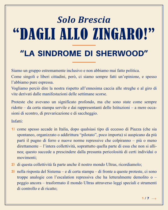 Comunicato “Dagli allo Zingaro!” di Ultras Brescia 1911, pagina 1 di 7