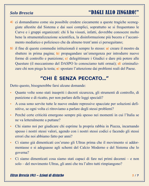 Comunicato “Dagli allo Zingaro!” di Ultras Brescia 1911, pagina 2 di 7