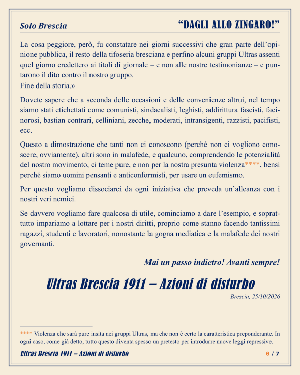 Comunicato “Dagli allo Zingaro!” di Ultras Brescia 1911, pagina 6 di 7